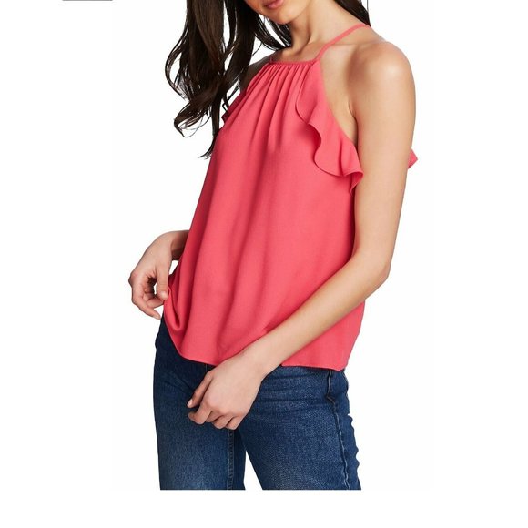 1.STATE Ruffle Trim Halter Top Bright Pink - Picture 1 of 2